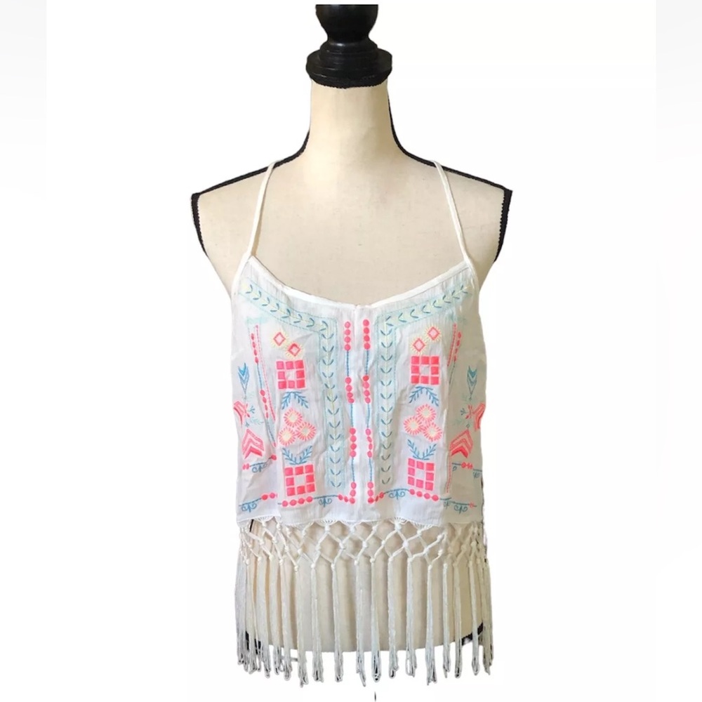 White Embroidered Fringe Crop Top Ocean Drive NWT Size Large